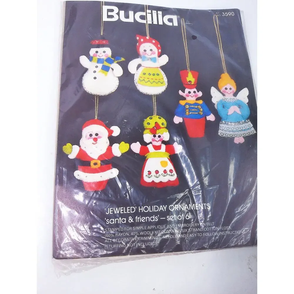 Vintage Bucilla Jeweled Holiday Ornaments Santa And Friends Set of 6 New 3590